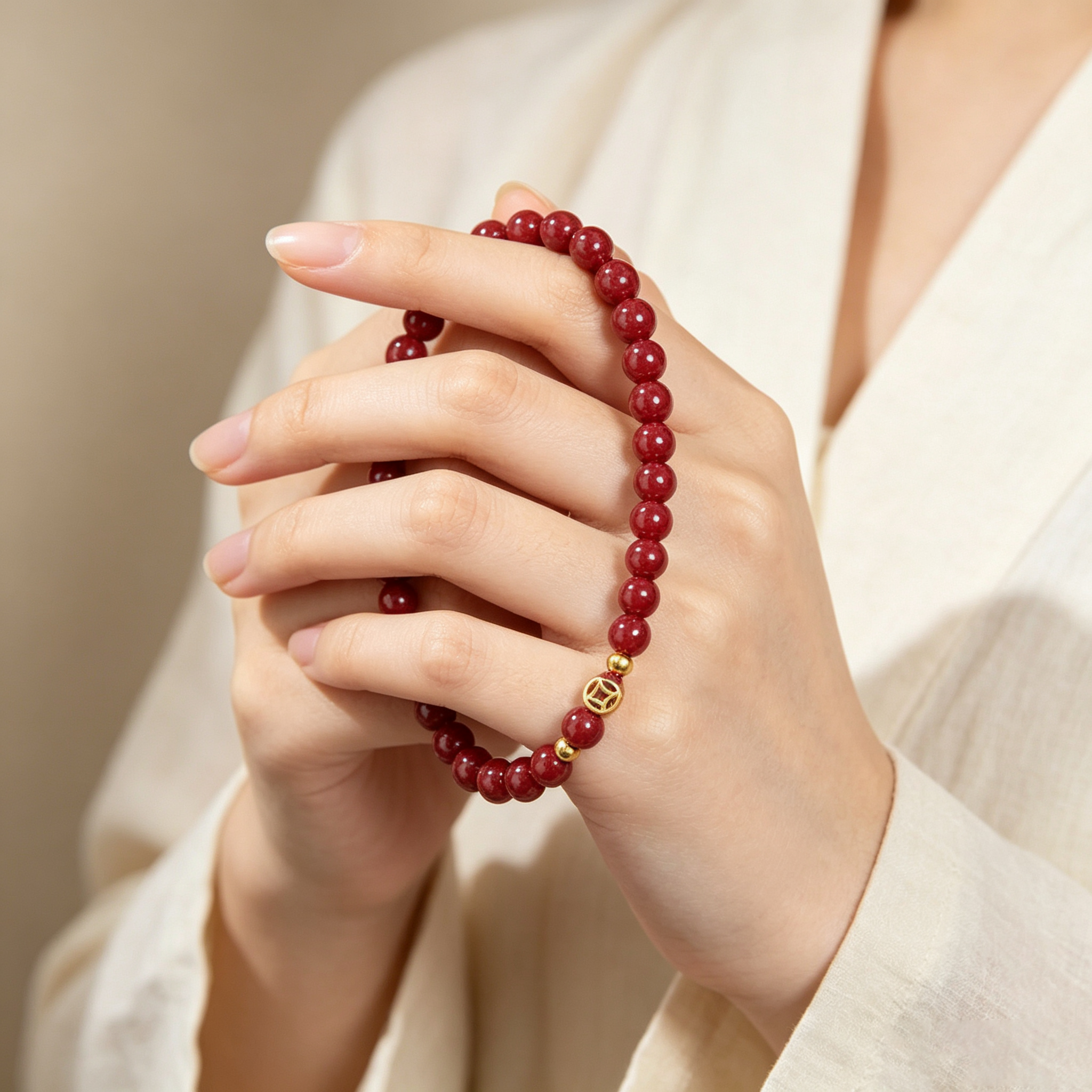 君鹭朱砂足金金珠手串本命年转运珠手链古法工艺女款串珠配件礼物