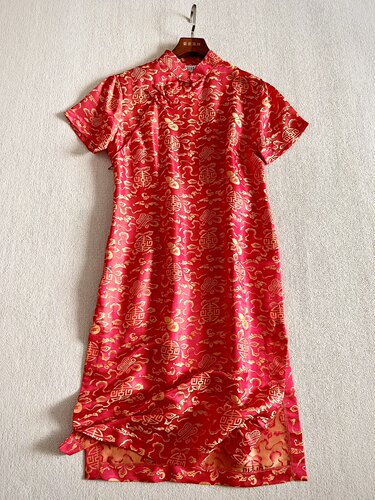 优雅桑蚕丝复古盘扣旗袍连衣裙女