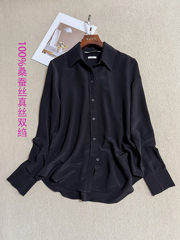 小码基础款~100%桑蚕丝长袖衬衣黑色真丝双绉四季女打底衬衫上衣