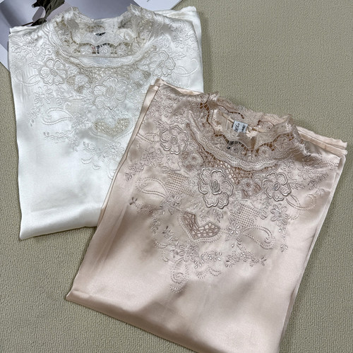 桑蚕丝真丝刺绣圆领缎面女衬衫