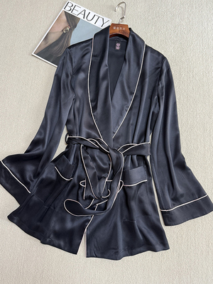 桑蚕丝长袖系带真丝睡袍浴袍