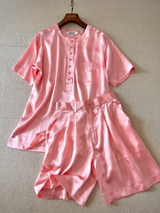 重磅真丝缎面套头款 桑蚕丝休闲舒适纯色家居服两件套 短袖 睡衣套装