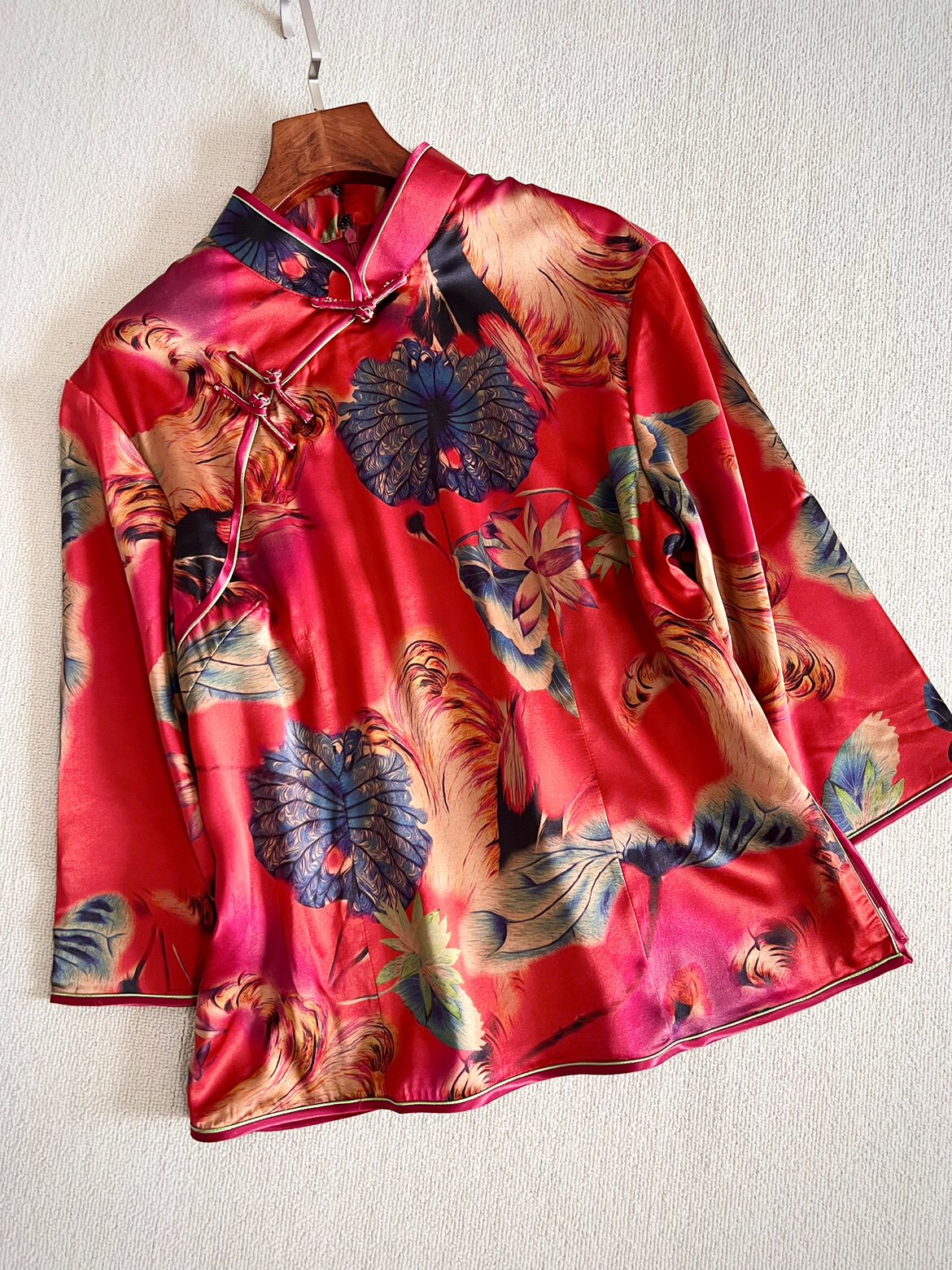 民族风七分袖茶服妈妈装 桑蚕丝弹力缎 复古中式改良短旗袍式上衣
