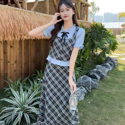 2026女夏季套装上衣+半身长裙格子拼接修身显瘦淑女时尚旅游度假