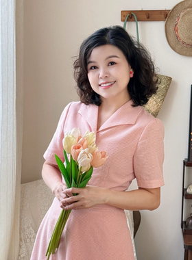 [粉婉]法式温柔风粉色连衣裙女夏季复古翻领收腰显瘦仙气大摆长裙