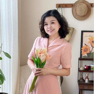 [粉婉]法式温柔风粉色连衣裙女夏季复古翻领收腰显瘦仙气大摆长裙