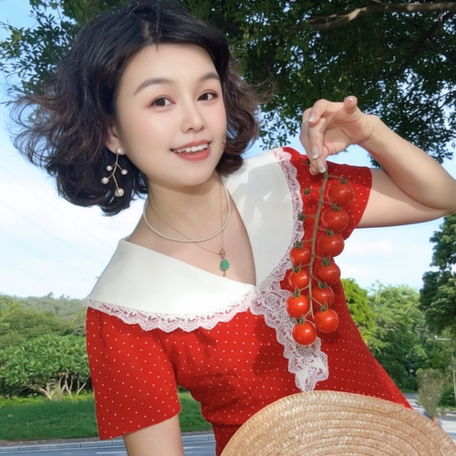 夏季法式红波点收腰显瘦连衣裙