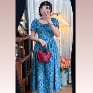 （油画裙）法式复古方领晕染碎花连衣裙2025夏新品蓝色梦幻长裙