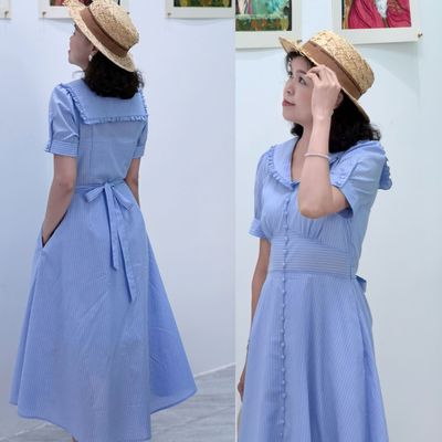 法式清新气质海军领条纹连衣裙