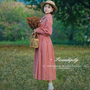 （春暖）法式复古红格子撞色花边娃娃领连衣裙女春季新款清朗减龄