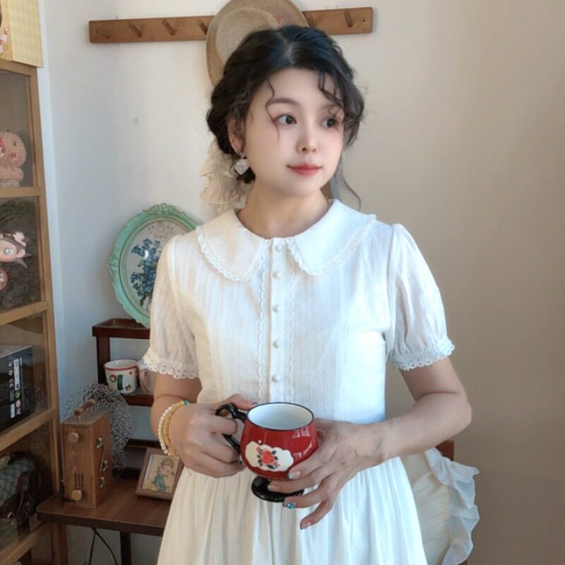 [素雅]法式复古设计感娃娃领甜美收腰显瘦减龄夏季中长款连衣裙