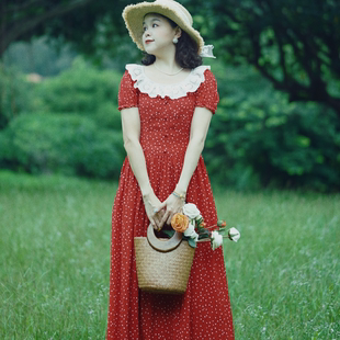 （巴黎甜心）法式复古小众设计感红色波点连衣裙夏季一字肩仙女裙