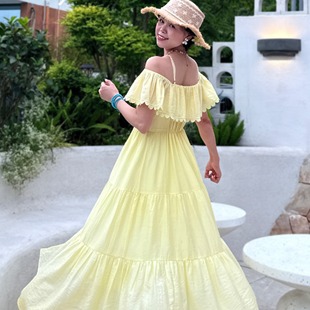 （海风）法式清新夏季新款两穿一字肩花边吊带中长款度假连衣裙女