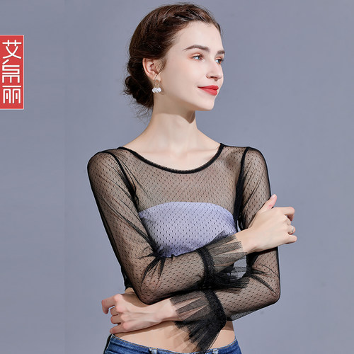 圆领t恤宽松薄款长袖女夏 时尚大领口防晒网纱罩衫蕾丝网纱上衣薄 - 封面