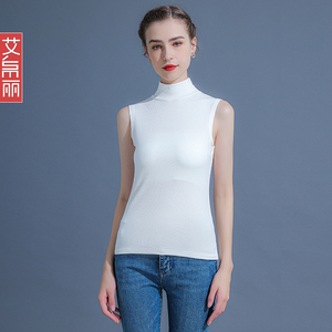 黑色针织背心打底衫女春秋外穿修身半高领无袖内搭t恤白色上衣