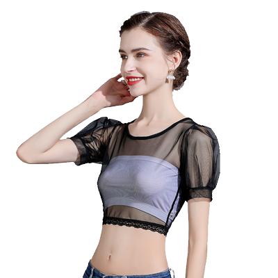 透视半截网纱打底夏季短袖蕾丝