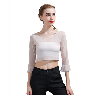 透视半截黑色蕾丝打底衫女中袖紧身内搭透明性感纱衣薄款网纱上衣