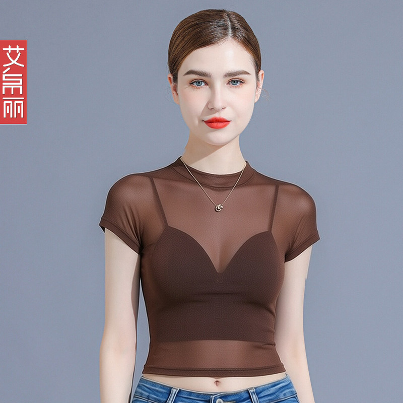 半截网纱短袖上衣女修身内搭立领性感镂空罩衫半身T恤打底衫上衣