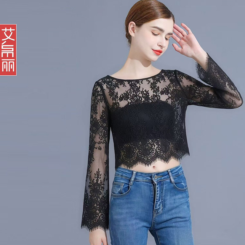 一字领蕾丝衫打底衫女防晒罩衫内搭修身薄款微透上衣超薄透视长袖