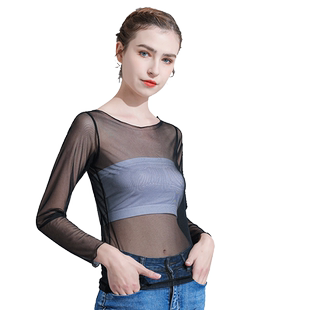 黑色网纱打底衫女春秋透明薄款薄纱衣洋气内搭蕾丝T恤冰丝上衣夏