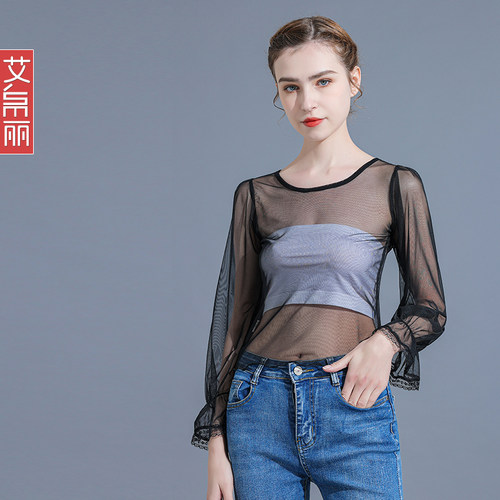 艾帛丽长袖甜美薄款透视网纱