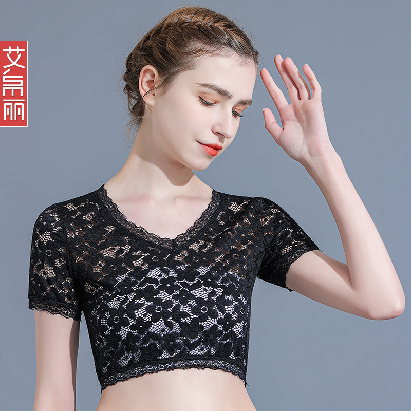 黑色半截蕾丝打底衫女夏季吊带裙内搭短袖T恤紧身短款蕾丝上衣薄