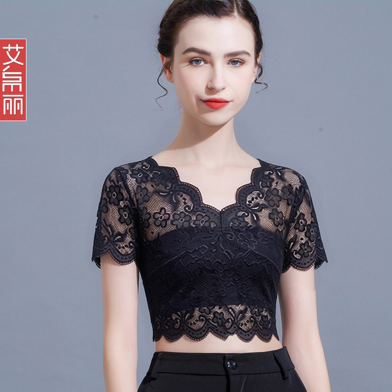 半截蕾丝网纱打底衫女夏薄款吊带裙内搭短袖T恤纯色短款蕾丝上衣