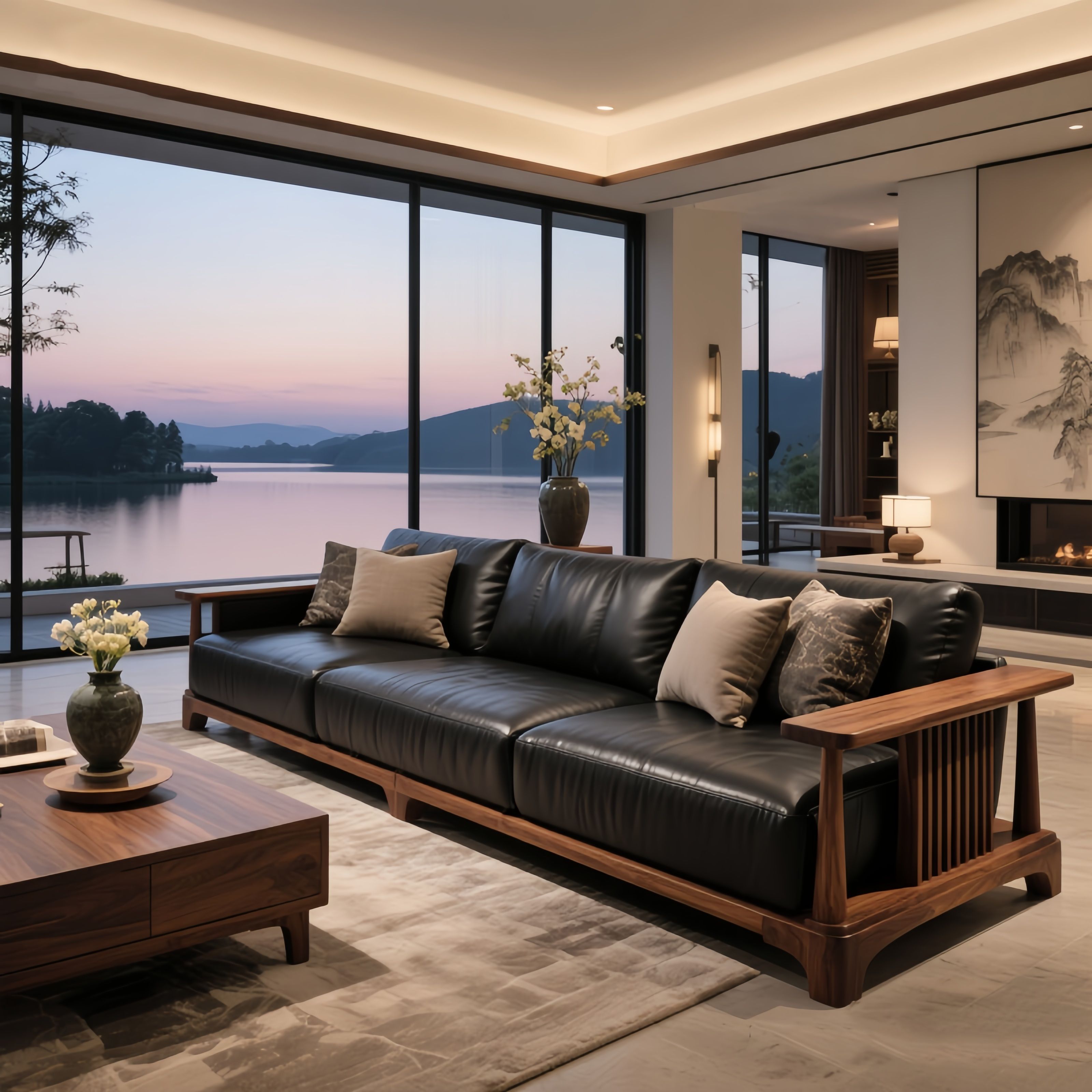 新中式实木沙发大小户型客厅皮艺沙发北美黑胡桃木高级感直排沙发