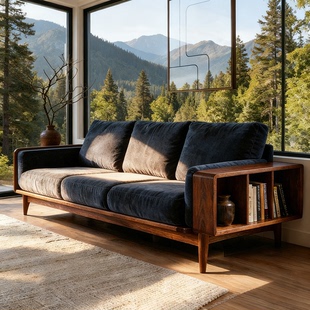 侘寂风实木沙发三人位绒布储物沙发客厅家具2026新款黑胡桃木沙发