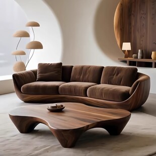 意式轻奢实木沙发客厅高端直排北美黑胡桃木异形布艺沙发别墅沙发