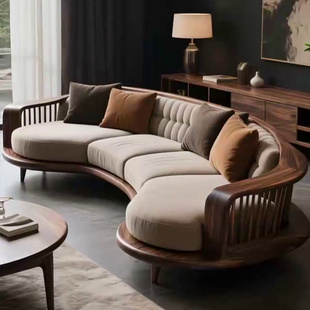 新中式黑胡桃木圆弧沙发简约轻奢禅意民宿酒店客厅现代设计师家具