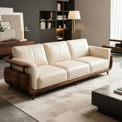 新中式黑胡桃木实木直排中古风沙发现代简约客厅2025新款真皮轻奢