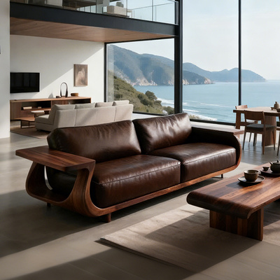 新中式实木沙发客厅小户型2025新款胡桃木真皮轻奢直排三人位沙发