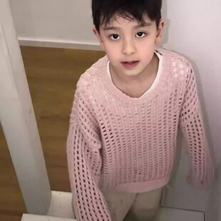 韩版儿童毛衣女男女紫白粉摄影服装拍照针织衫镂空套头洞洞衫清新