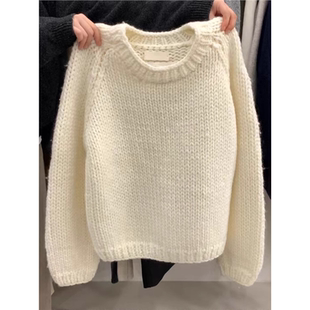 欧货杏色圆领套头针织衫上衣女秋冬打底内搭加厚粗线大朗慵懒毛衣