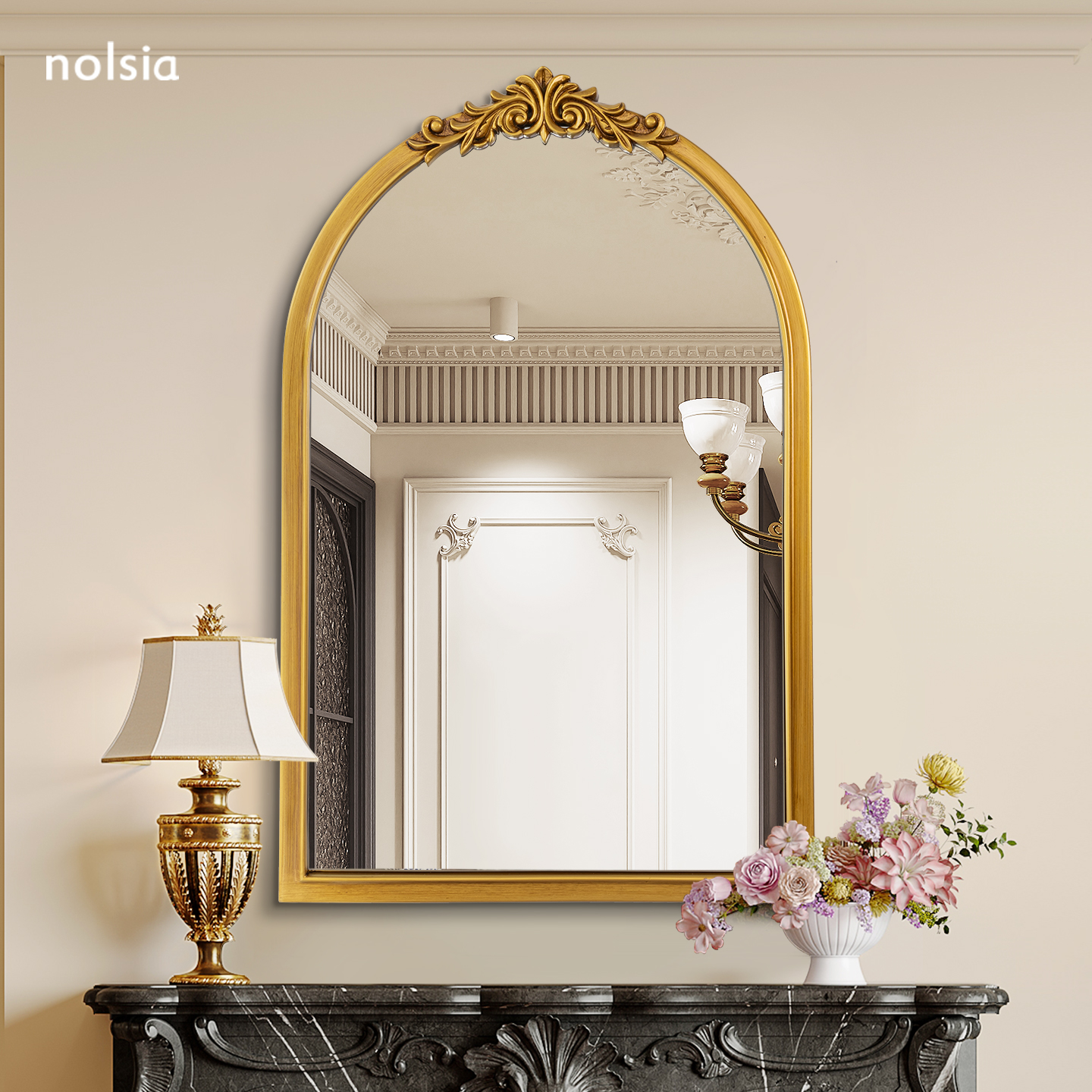 法式复古雕花镜子卫生间墙面化妆镜壁挂家用洗手台拱形浴室镜欧式