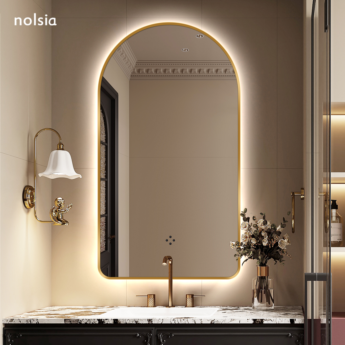 法式轻奢拱形浴室镜子化妆镜带灯