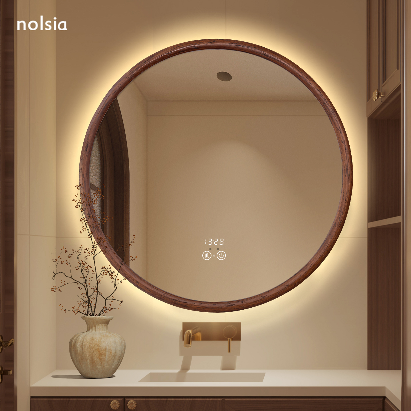 中古风实木圆形浴室镜子卫生间