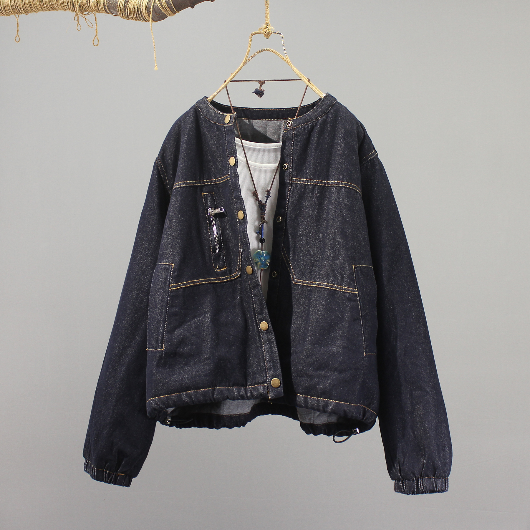 圆领牛仔外套女高级感棉服上衣潮