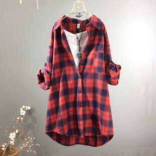 新品秋春款两用袖纯棉磨毛长袖中长款格纹衬衣开衫通勤格子衬衫潮