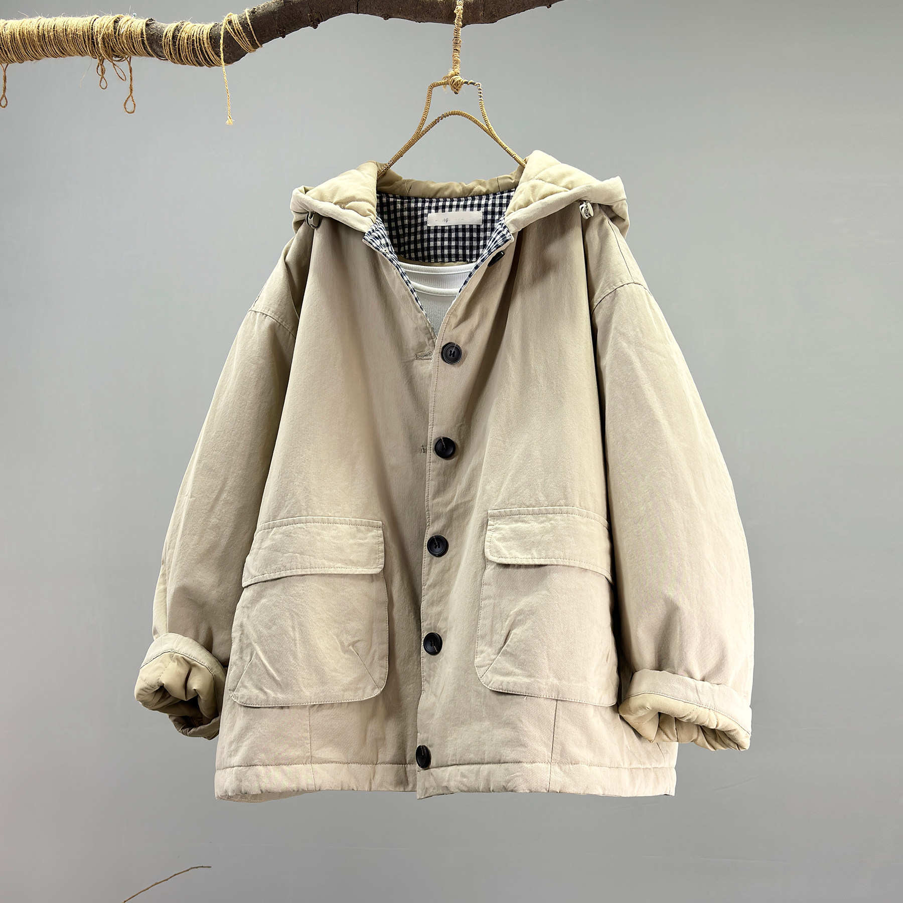 连帽纯棉加厚保暖宽松棉服女