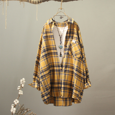 磨毛纯棉格纹宽松衬衣女2025春装