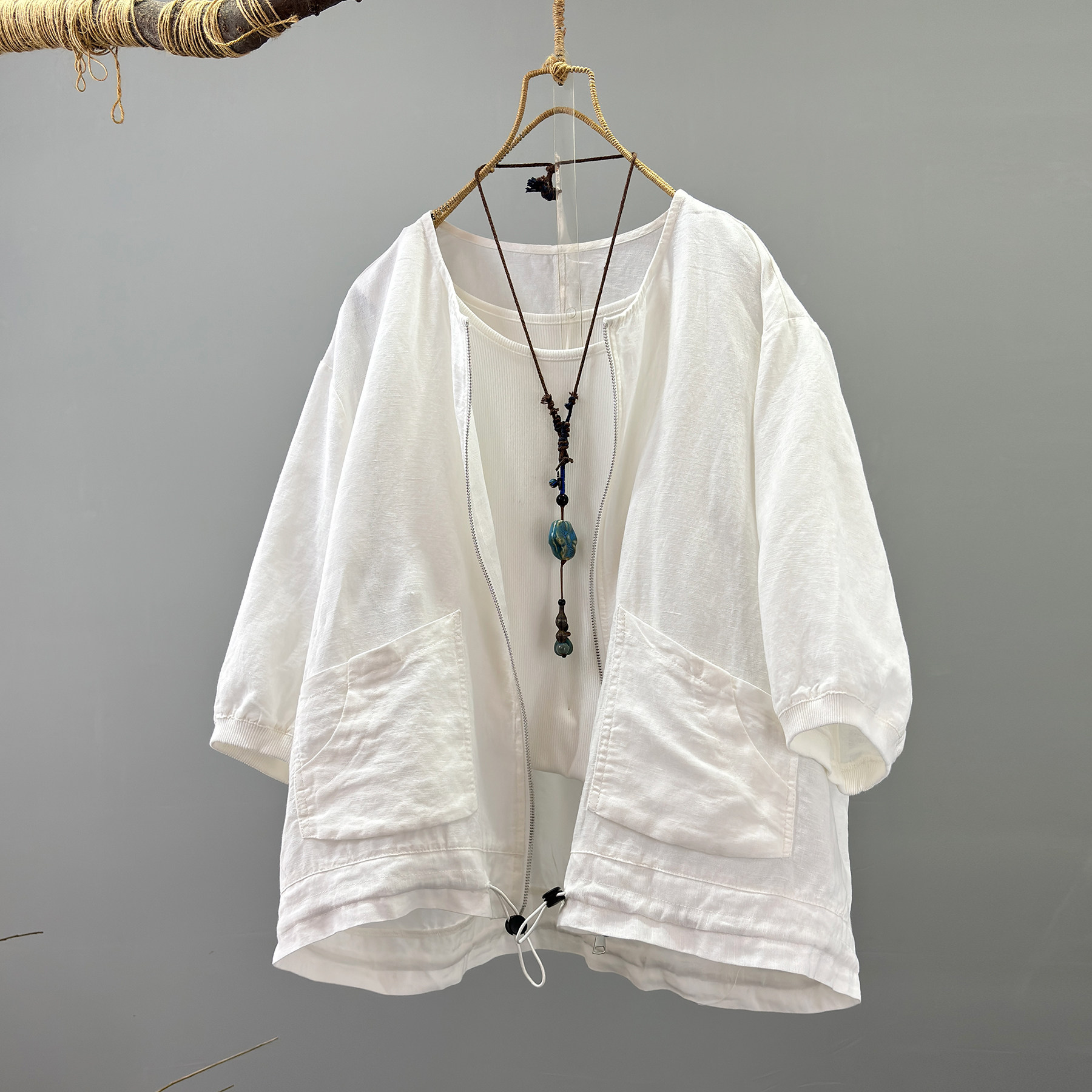 气质款圆领拉链中袖亚麻衬衫外套女2025夏季宽松显瘦设计感开衫潮