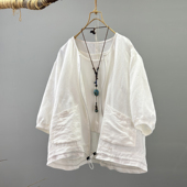 宽松显瘦设计感开衫 气质款 外套女2025夏季 亚麻衬衫 潮 圆领拉链中袖