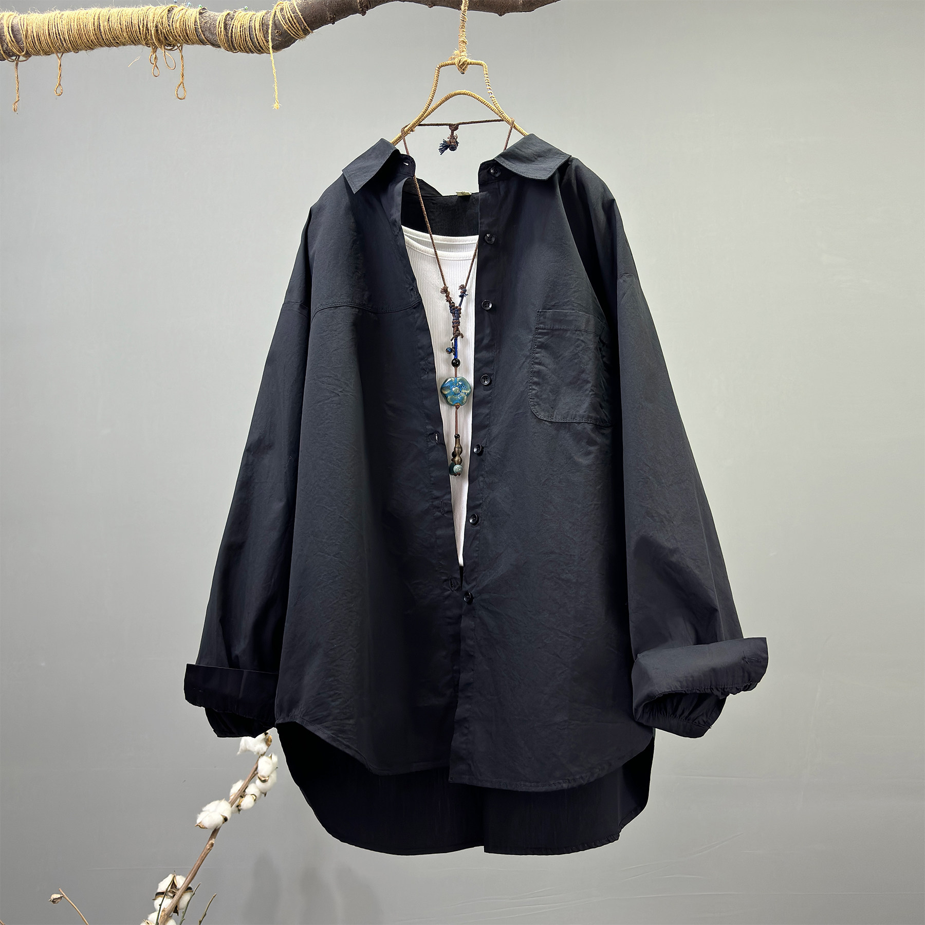 高级黑色纯棉中长款长袖衬衫女宽松大码2025秋季休闲气质衬衣外套