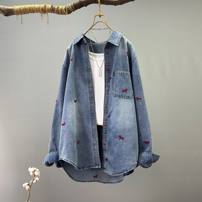 刺绣小马纯棉牛仔长袖衬衣女