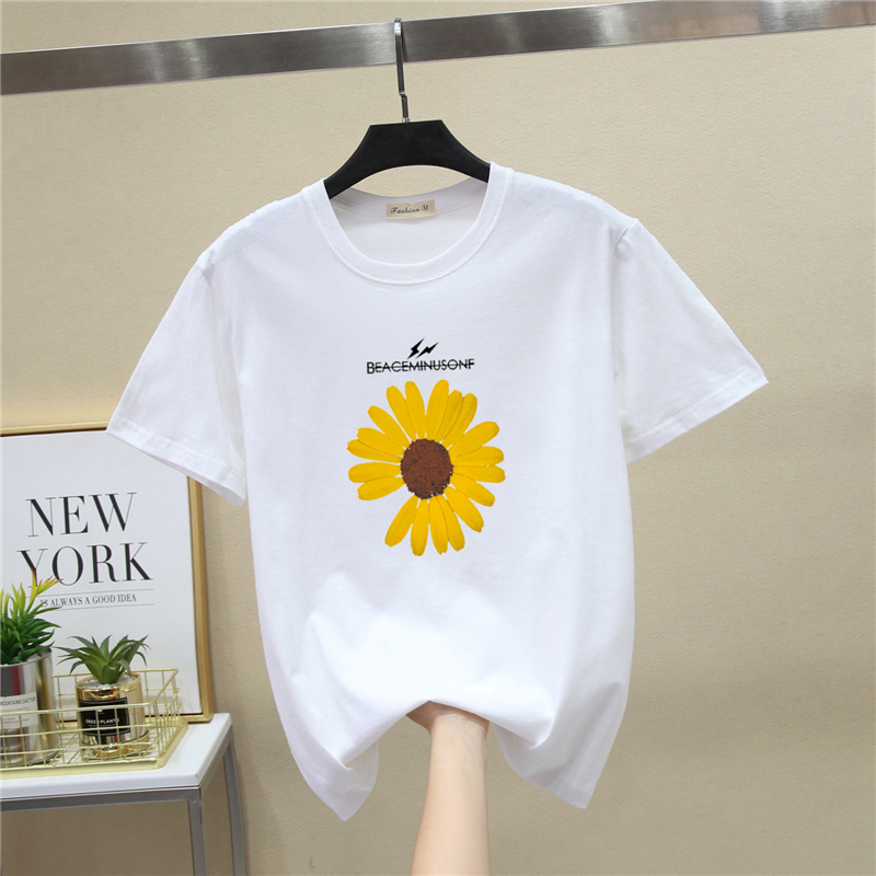 纯棉短袖t恤女韩版宽松大码打底衫2020年新款白色小雏菊体恤ins潮