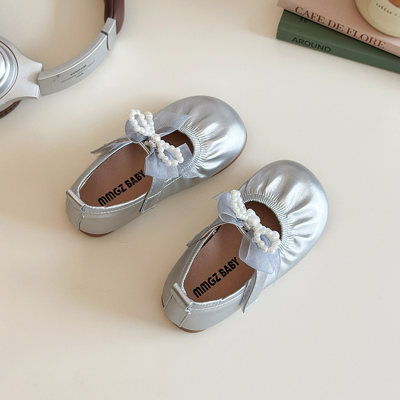 女中大童皮鞋shoeskids宝宝珍珠蝴蝶结公主鞋平底单鞋