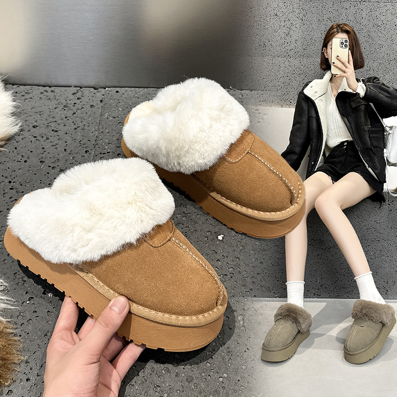 雪地靴毛毛棉女外穿2025冬季新款包头绒面保暖加绒防滑厚底半拖鞋