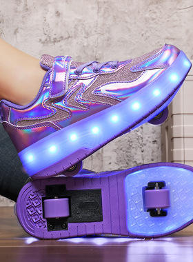 儿童鞋2025新款轻便双轮女童充电发光紫色轮滑运动鞋轮滑鞋